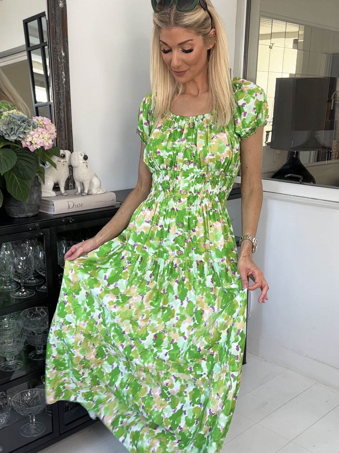 Finalia Art - Lang flerfarvet kjole i viskose med elastik i taljen